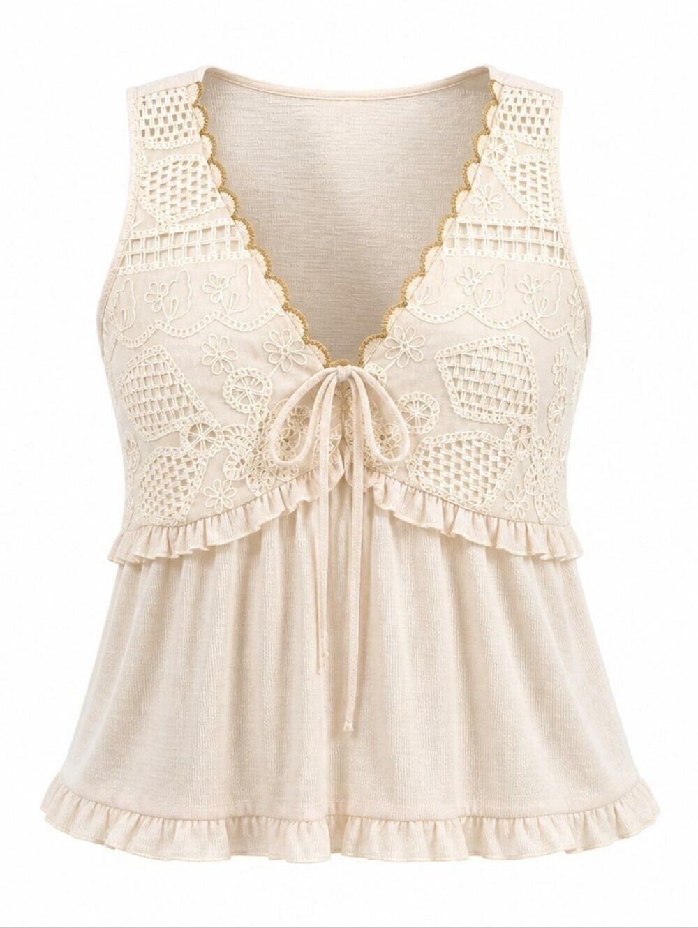 MELLODAY Blush Crochet Lace Tie-Front Bohemian Peplum Camisole Sz M NWT